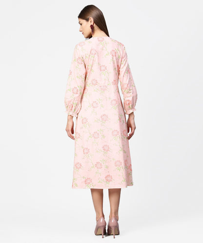 Women's Peach Printed 3/4Th Sleeve Cotton A-Line Dress