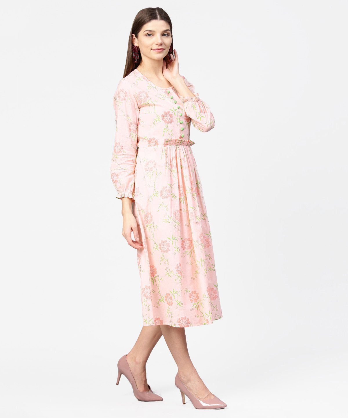 Women's Peach Printed 3/4Th Sleeve Cotton A-Line Dress