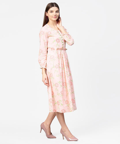 Women's Peach Printed 3/4Th Sleeve Cotton A-Line Dress