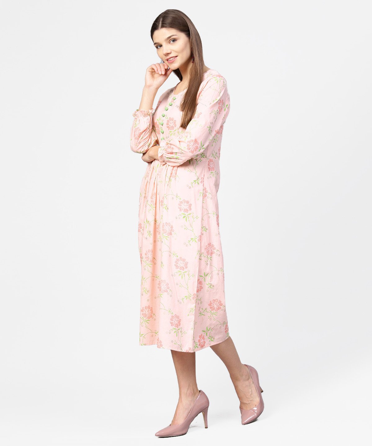 Women's Peach Printed 3/4Th Sleeve Cotton A-Line Dress