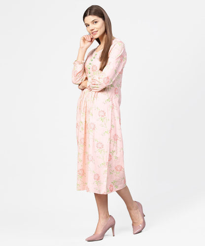 Women's Peach Printed 3/4Th Sleeve Cotton A-Line Dress