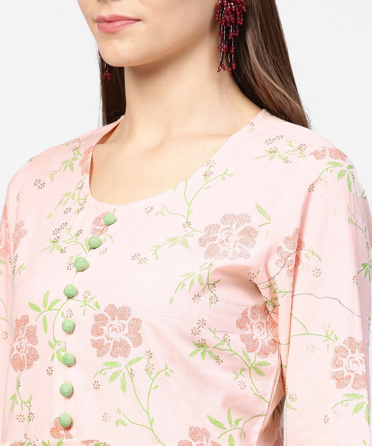 Women's Peach Printed 3/4Th Sleeve Cotton A-Line Dress