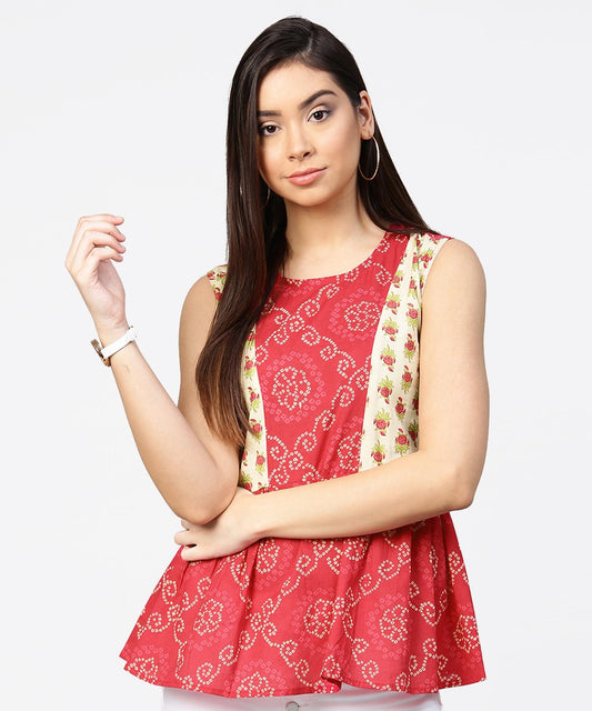 Women's Red Printed Sleeveless Cotton Pleated Top