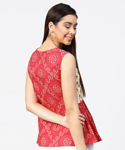 Women's Red Printed Sleeveless Cotton Pleated Top