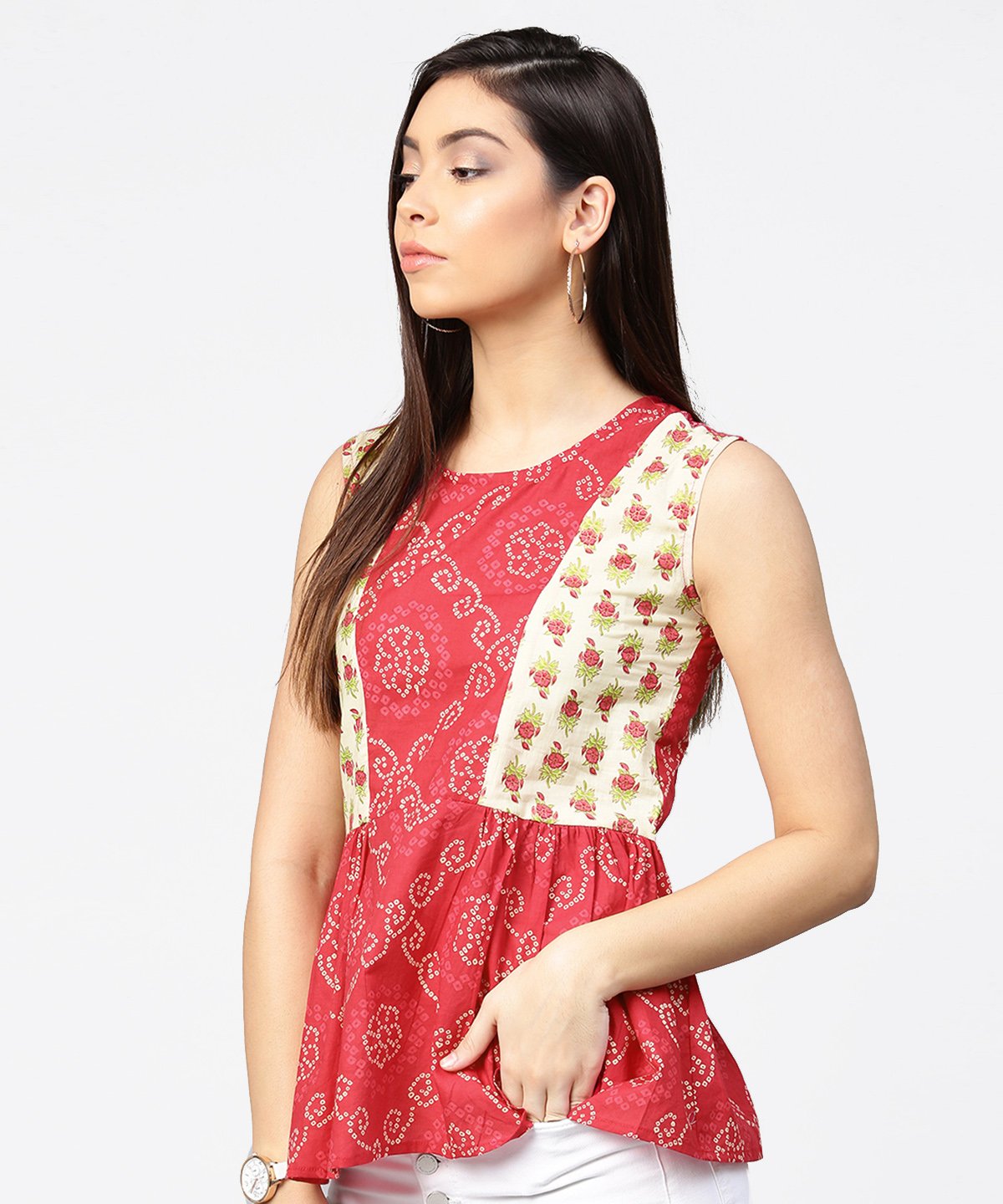 Women's Red Printed Sleeveless Cotton Pleated Top