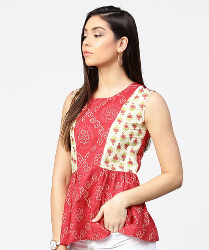 Women's Red Printed Sleeveless Cotton Pleated Top