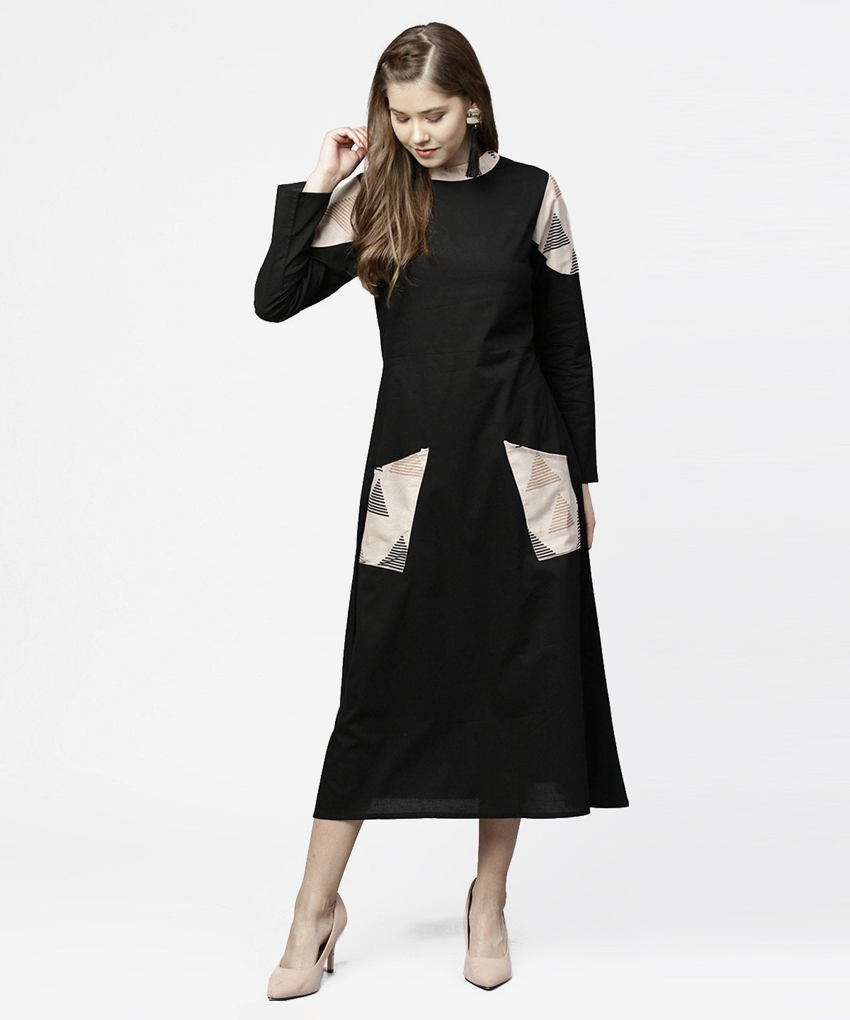 Women's Black 3/4Th Sleeve Cotton Maxi Dress With Double Pocket