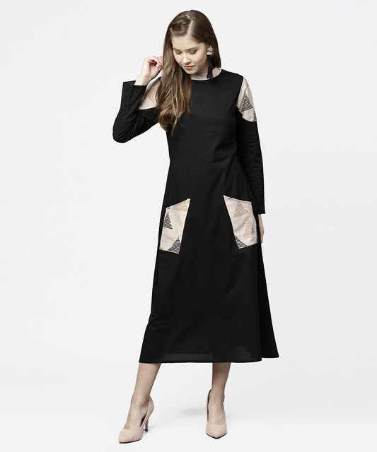 Women's Black 3/4Th Sleeve Cotton Maxi Dress With Double Pocket