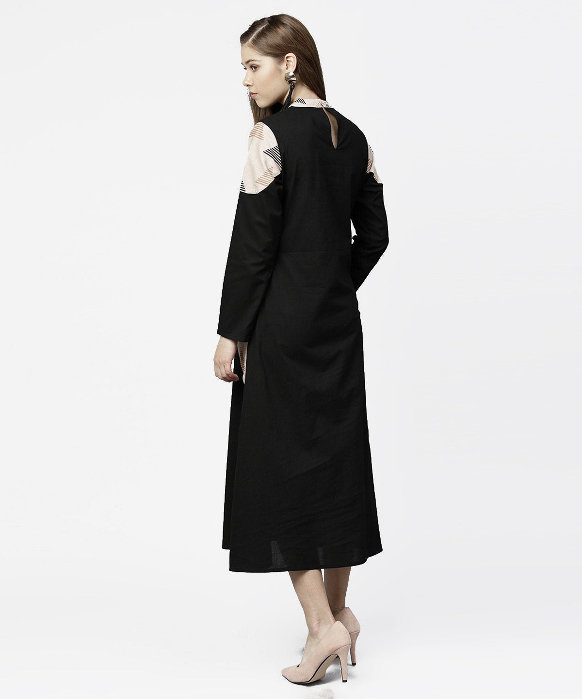 Women's Black 3/4Th Sleeve Cotton Maxi Dress With Double Pocket