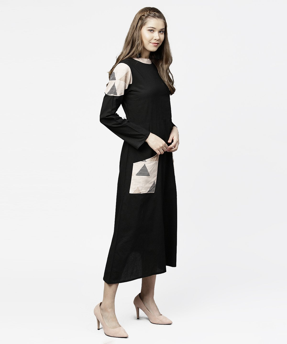 Women's Black 3/4Th Sleeve Cotton Maxi Dress With Double Pocket