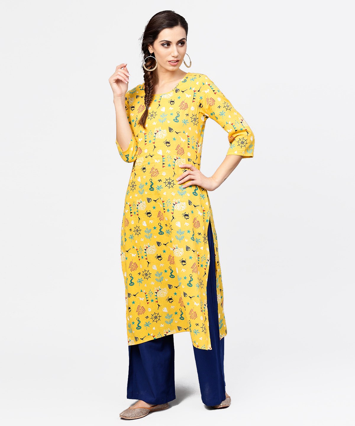 Women's Yellow 3/4Th Sleeve Cotton Straight Kurta