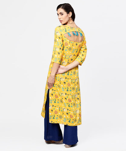 Women's Yellow 3/4Th Sleeve Cotton Straight Kurta