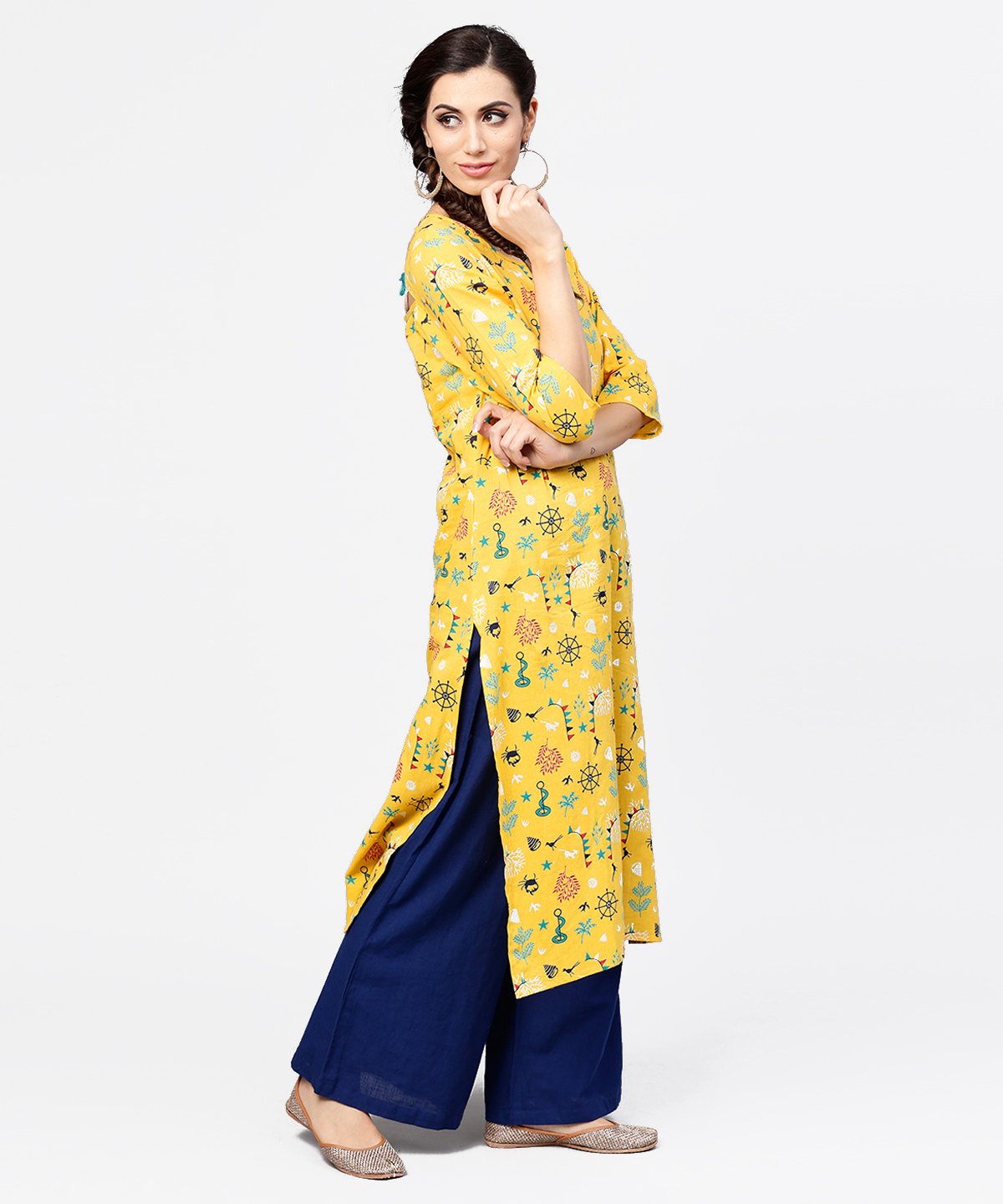 Women's Yellow 3/4Th Sleeve Cotton Straight Kurta