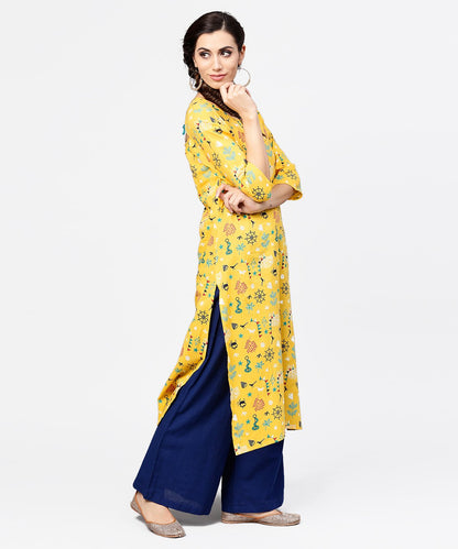 Women's Yellow 3/4Th Sleeve Cotton Straight Kurta