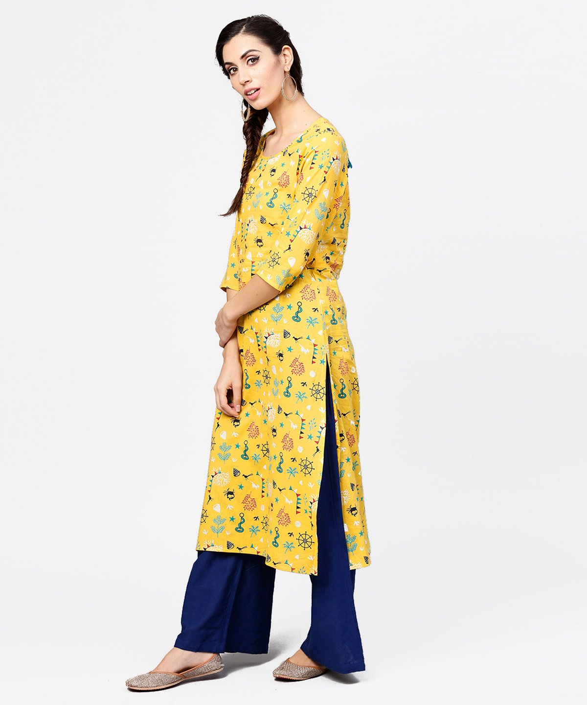 Women's Yellow 3/4Th Sleeve Cotton Straight Kurta