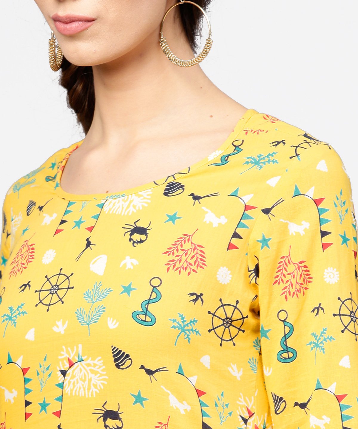 Women's Yellow 3/4Th Sleeve Cotton Straight Kurta