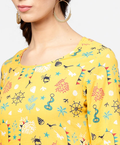 Women's Yellow 3/4Th Sleeve Cotton Straight Kurta