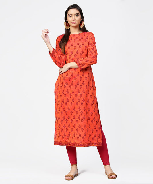 Women's Red Printed Full Sleeve Straight Cotton Kurta