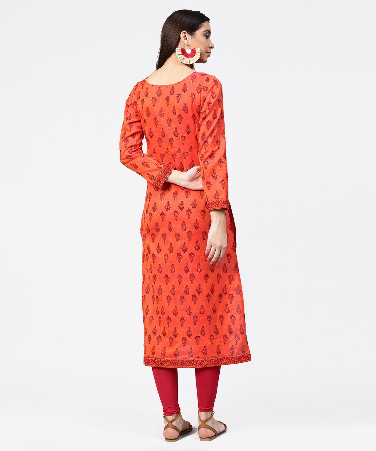 Women's Red Printed Full Sleeve Straight Cotton Kurta