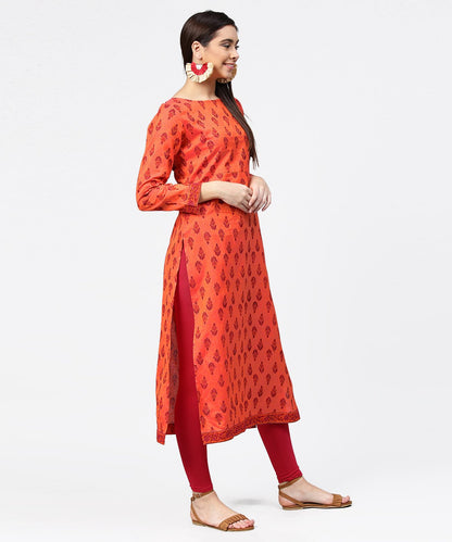Women's Red Printed Full Sleeve Straight Cotton Kurta
