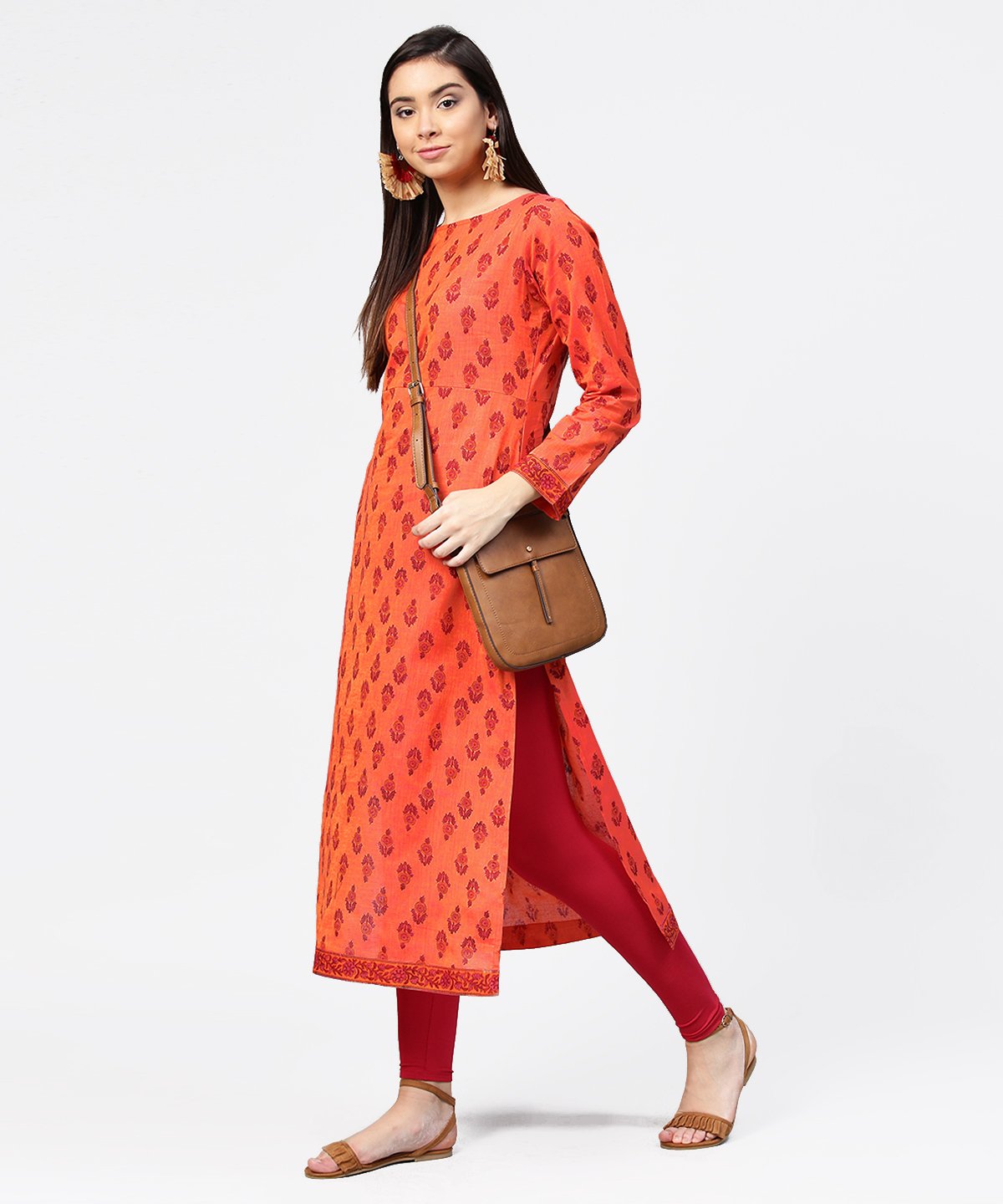 Women's Red Printed Full Sleeve Straight Cotton Kurta