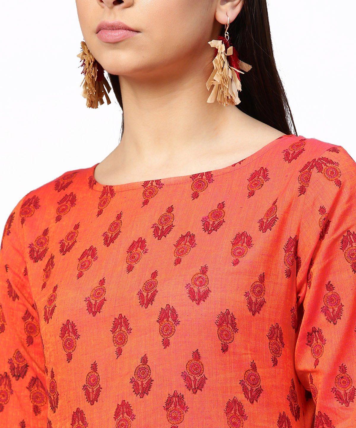 Women's Red Printed Full Sleeve Straight Cotton Kurta