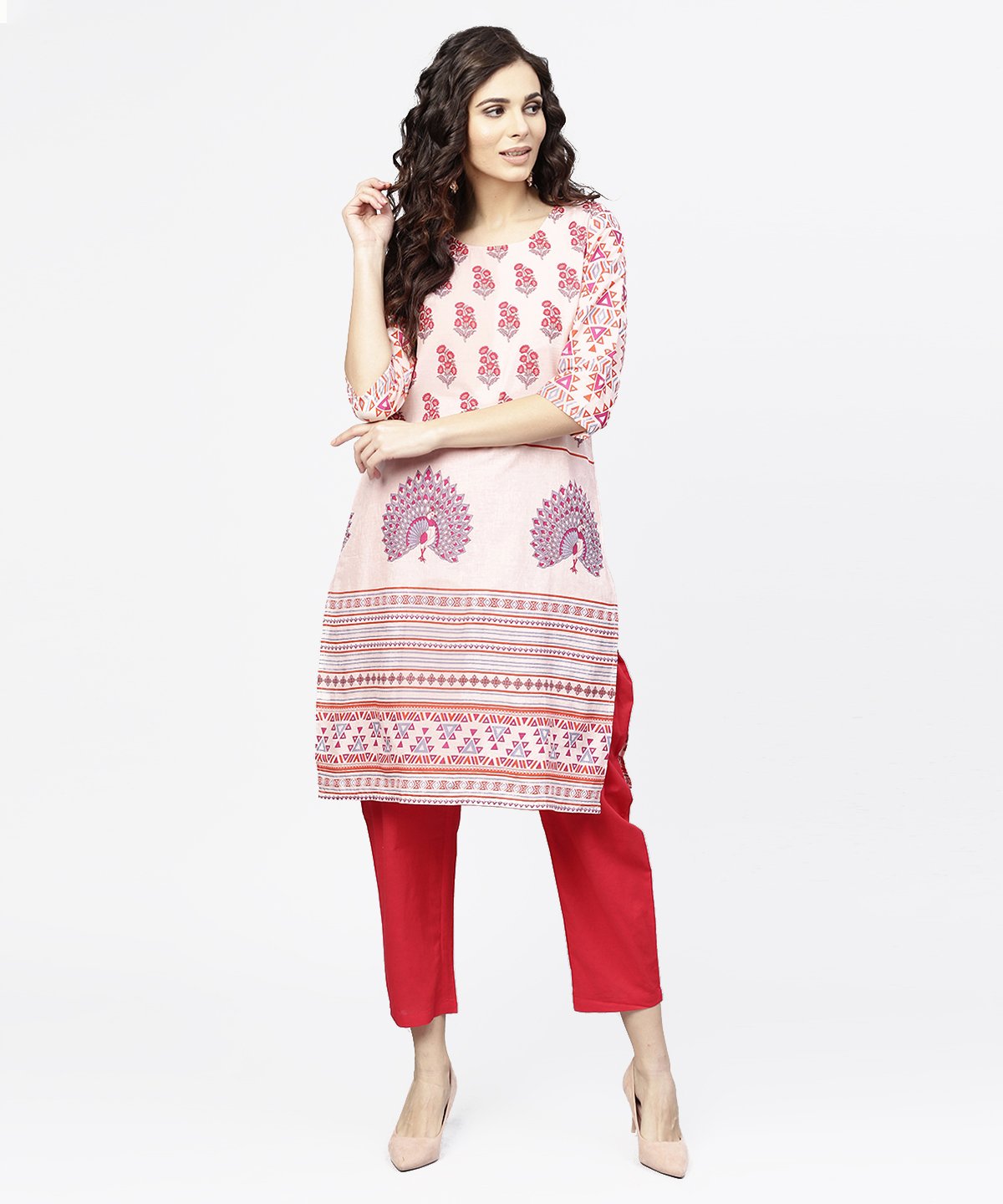 Women's Off White Printed 3/4Th Sleeve Cotton Kurta