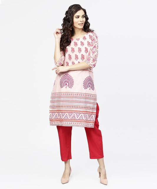 Women's Off White Printed 3/4Th Sleeve Cotton Kurta