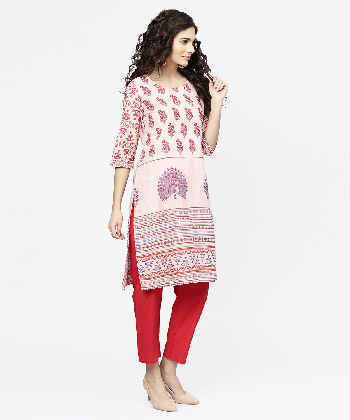 Women's Off White Printed 3/4Th Sleeve Cotton Kurta