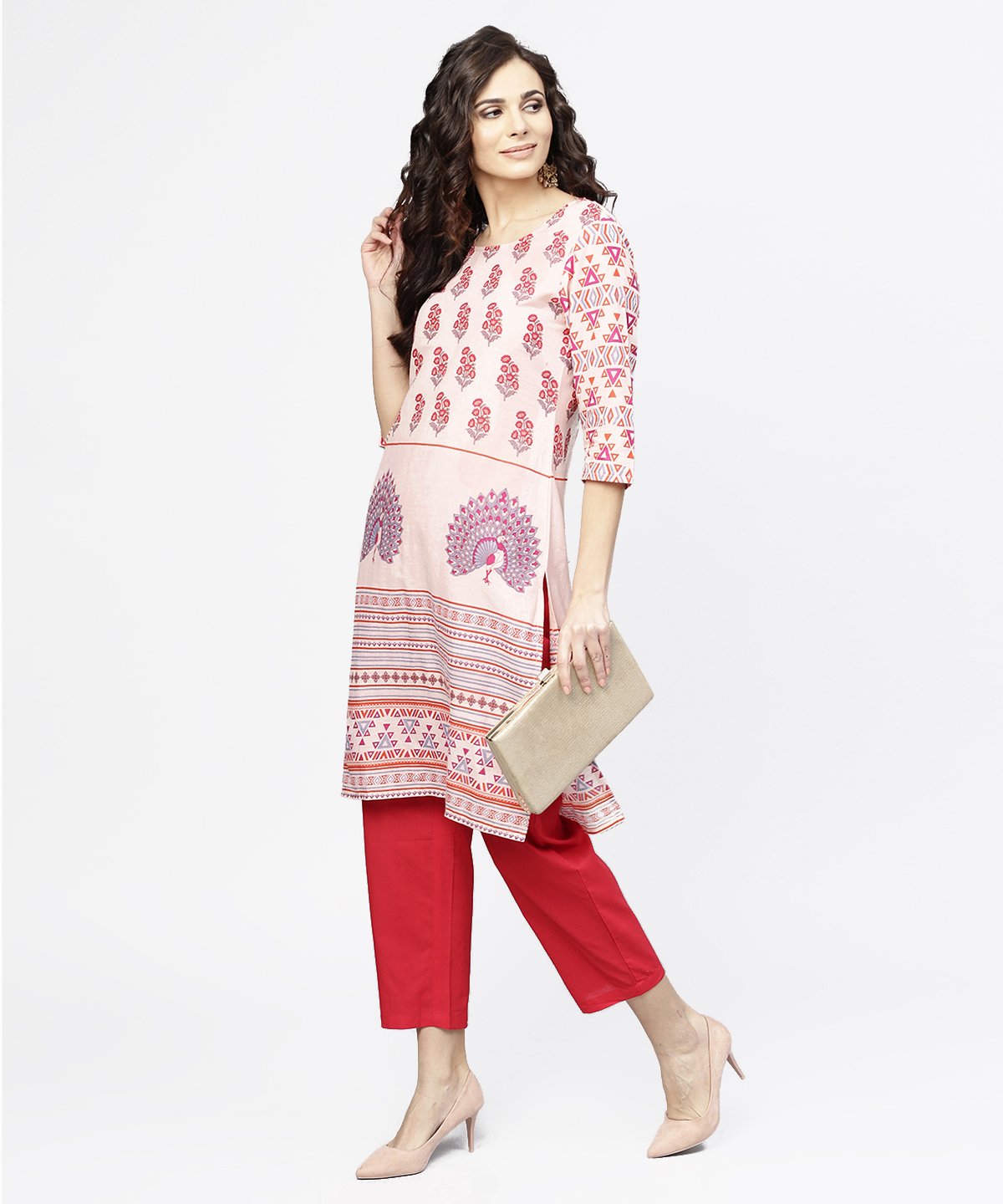 Women's Off White Printed 3/4Th Sleeve Cotton Kurta