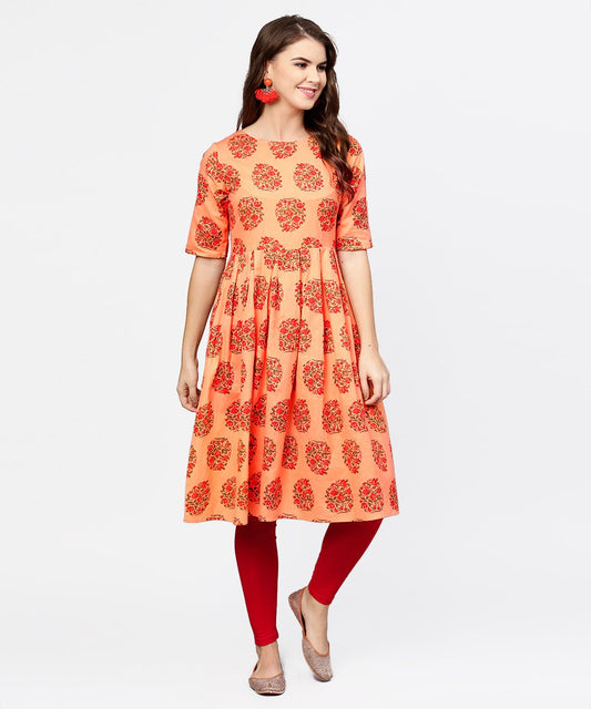 Women's Peach Half Sleeve Cotton Anarkali Kurta