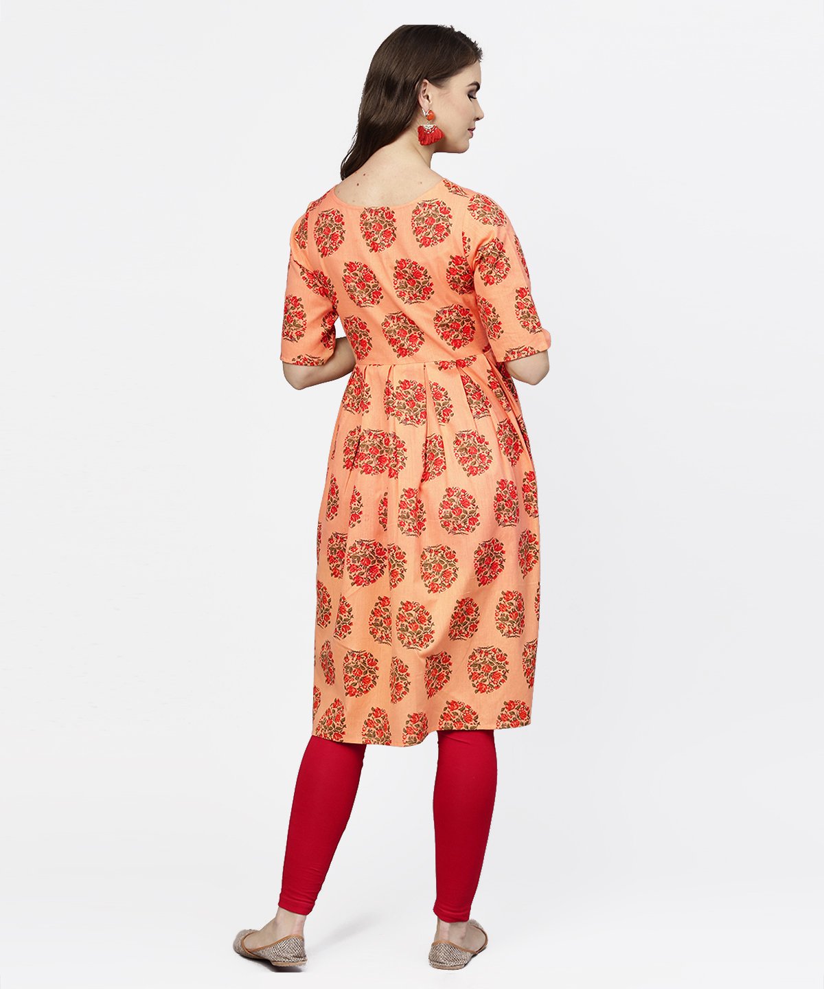 Women's Peach Half Sleeve Cotton Anarkali Kurta