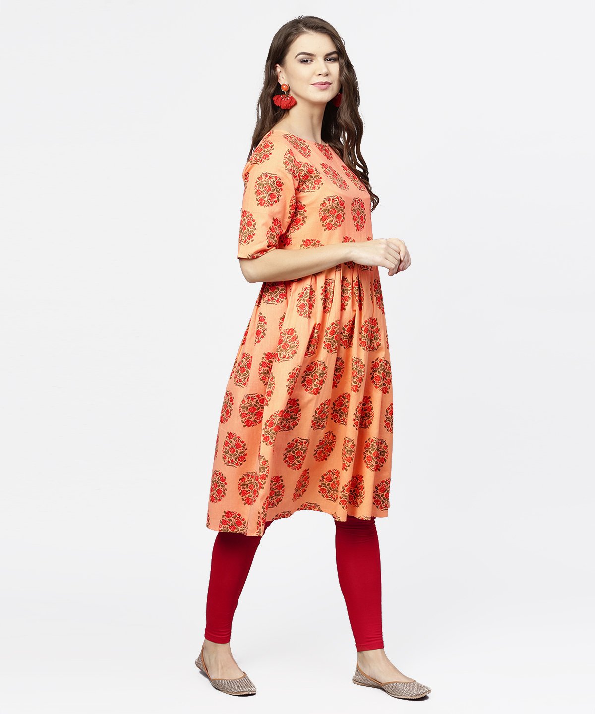 Women's Peach Half Sleeve Cotton Anarkali Kurta