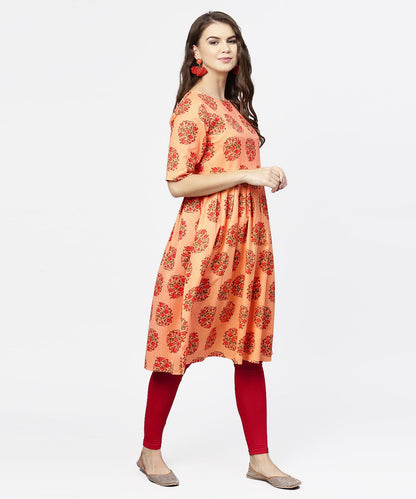 Women's Peach Half Sleeve Cotton Anarkali Kurta