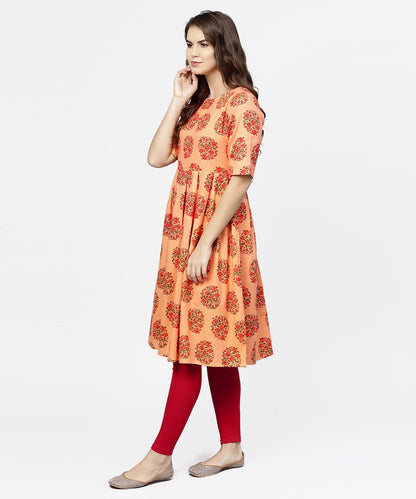Women's Peach Half Sleeve Cotton Anarkali Kurta