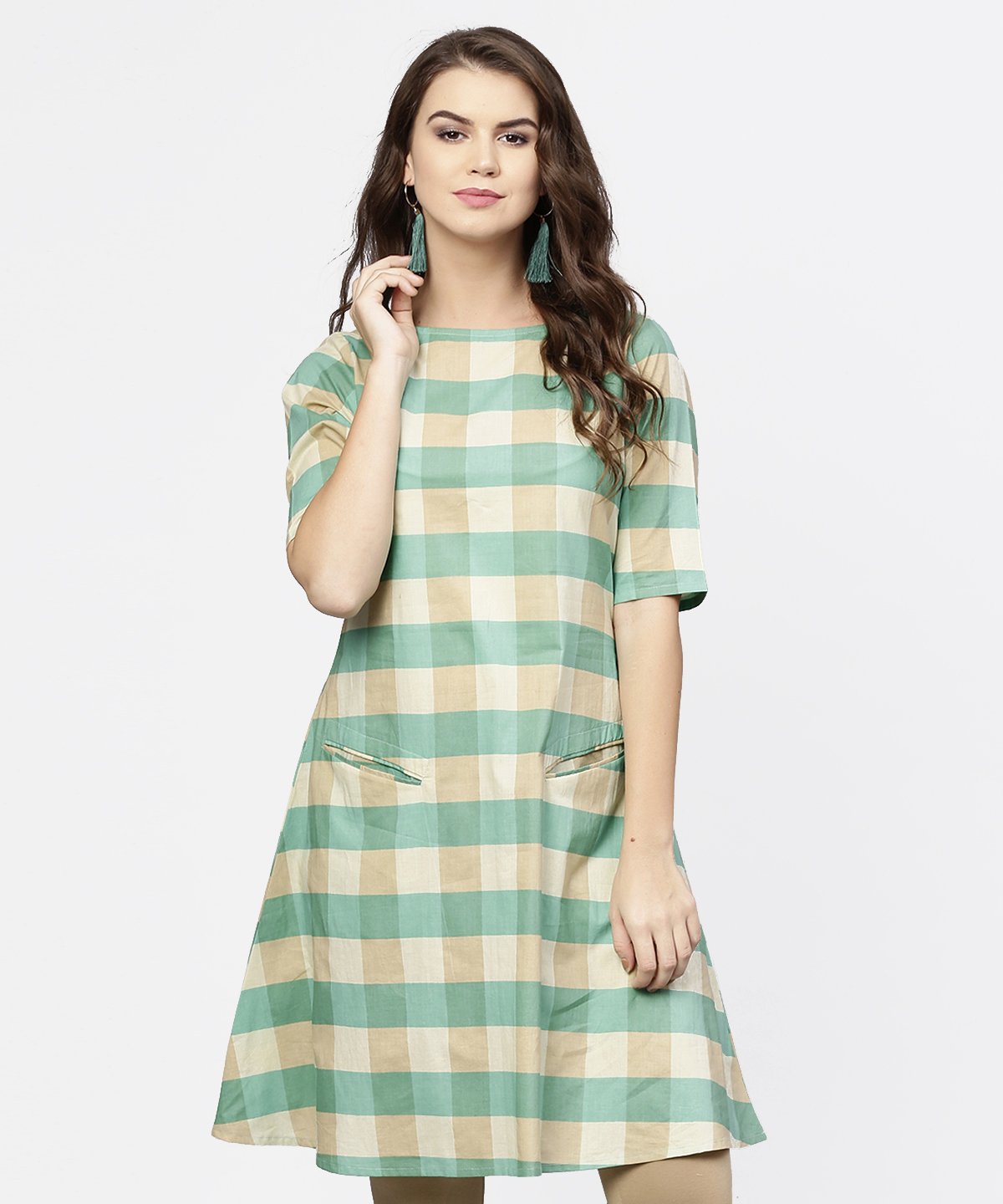Women's Green Checked Half Sleeve Cotton Kurta