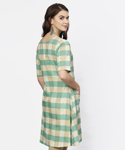Women's Green Checked Half Sleeve Cotton Kurta
