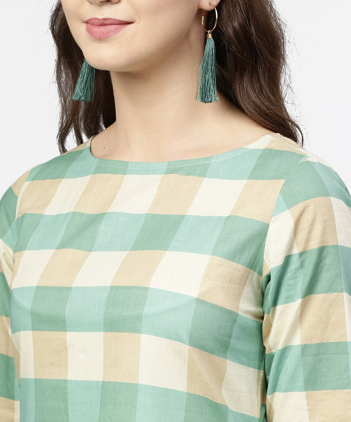 Women's Green Checked Half Sleeve Cotton Kurta