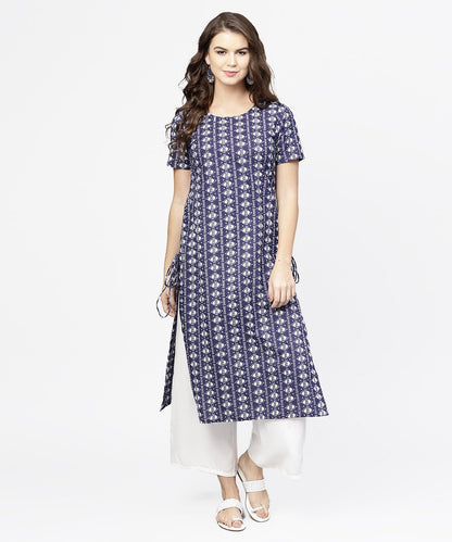 Women's Blue Half Printed Straight Cotton Kurta With Dori Work