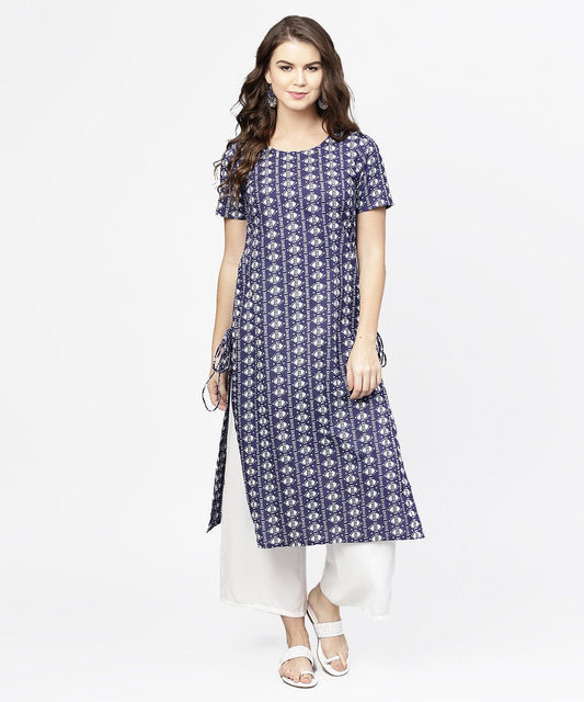 Women's Blue Half Printed Straight Cotton Kurta With Dori Work