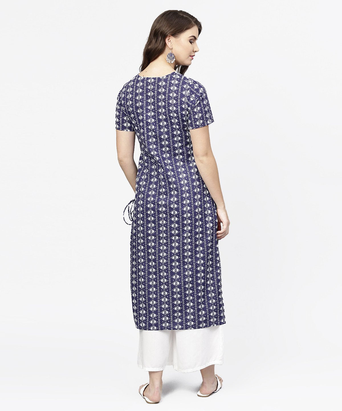 Women's Blue Half Printed Straight Cotton Kurta With Dori Work