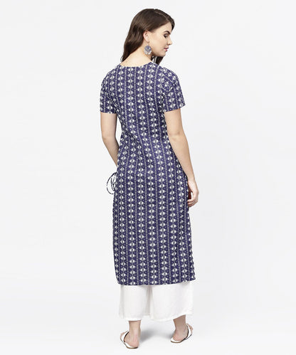 Women's Blue Half Printed Straight Cotton Kurta With Dori Work