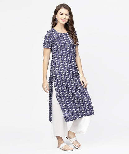 Women's Blue Half Printed Straight Cotton Kurta With Dori Work