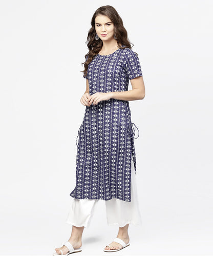 Women's Blue Half Printed Straight Cotton Kurta With Dori Work