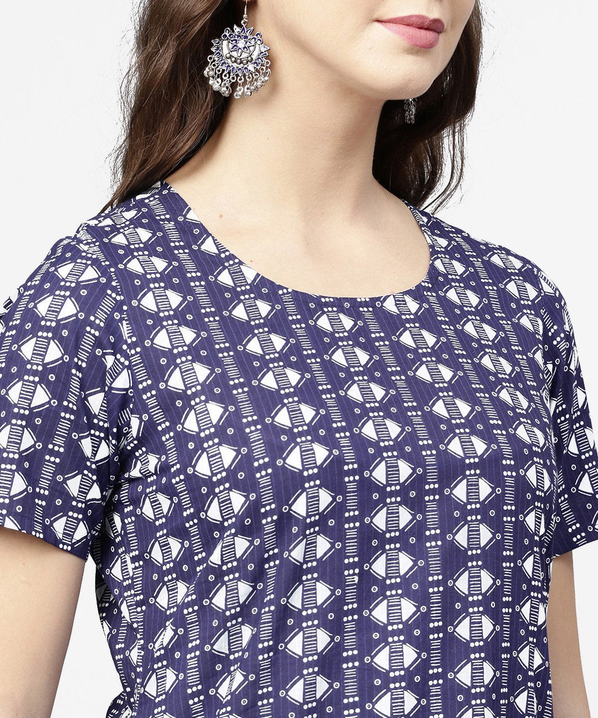 Women's Blue Half Printed Straight Cotton Kurta With Dori Work