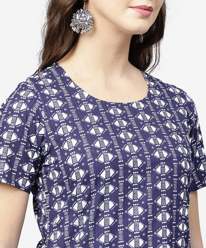 Women's Blue Half Printed Straight Cotton Kurta With Dori Work