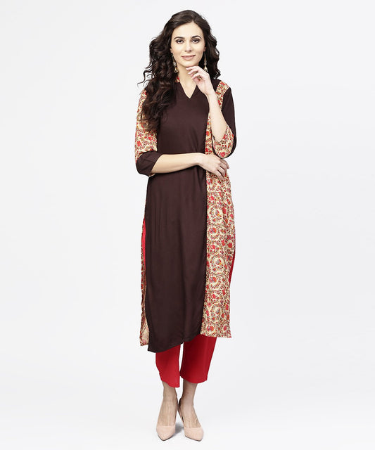 Women's Black & Red Printed 3/4Th Sleeve Cotton Straight Kurta