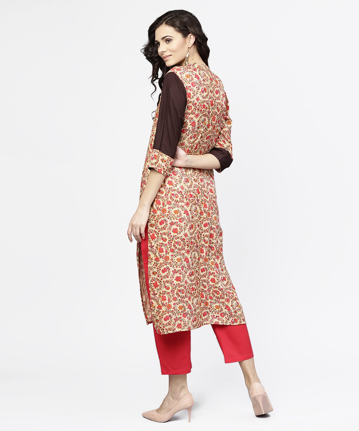 Women's Black & Red Printed 3/4Th Sleeve Cotton Straight Kurta