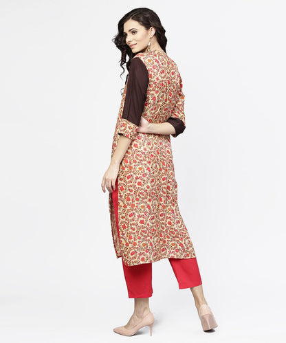Women's Black & Red Printed 3/4Th Sleeve Cotton Straight Kurta