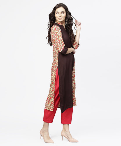 Women's Black & Red Printed 3/4Th Sleeve Cotton Straight Kurta